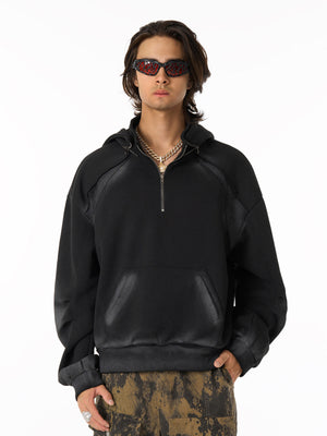 Distressed Stand Collar Stitching Spray Paint Quarter Zip Hoodie 
