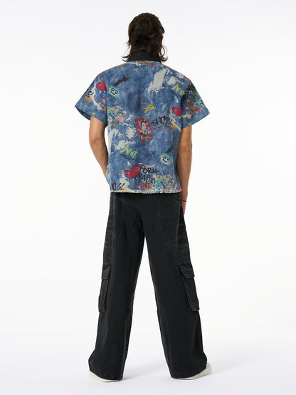 Tie-Dye Denim Graffiti Polo T-Shirt 