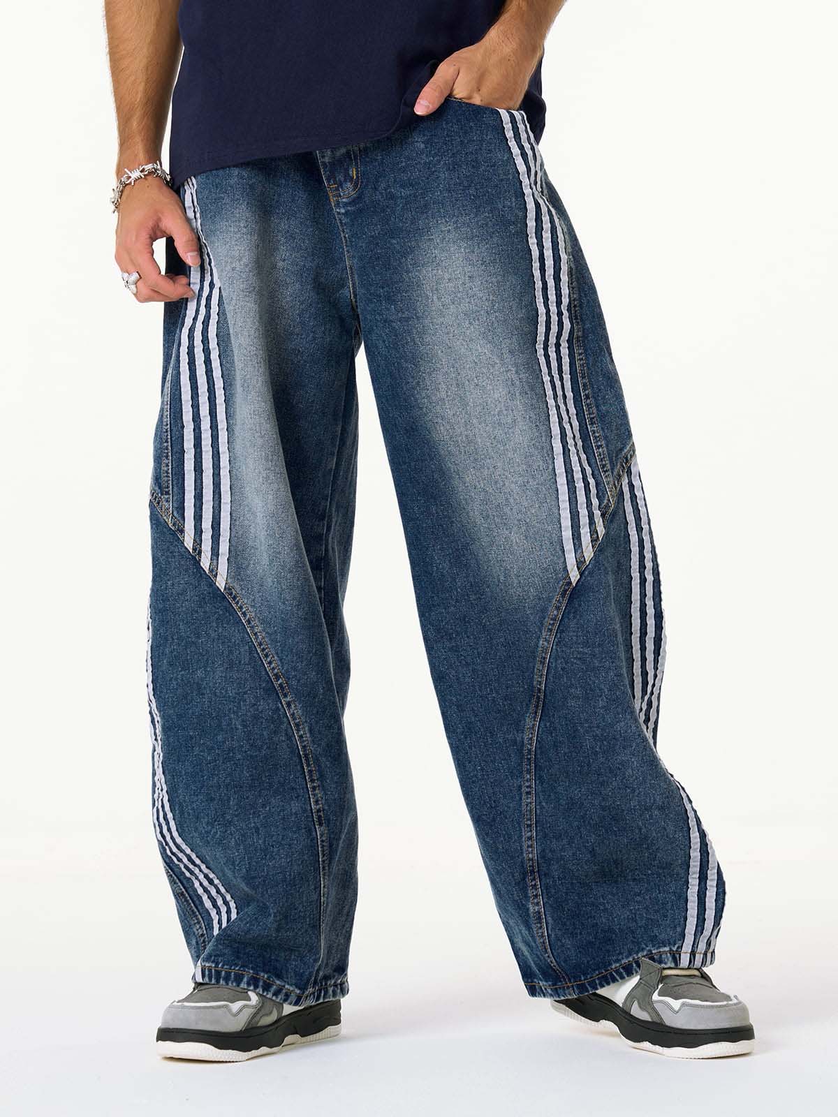 Contrast Side Stripe Denim Barrel Jeans - 2504 