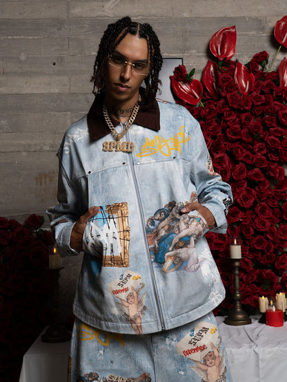 Artistic Patches Graphic  Distressed Denim Jacket - 2573 