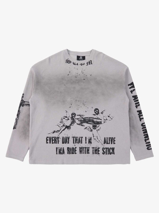 Waffelstrick Distressed Gradient Print Long-T-Shirt