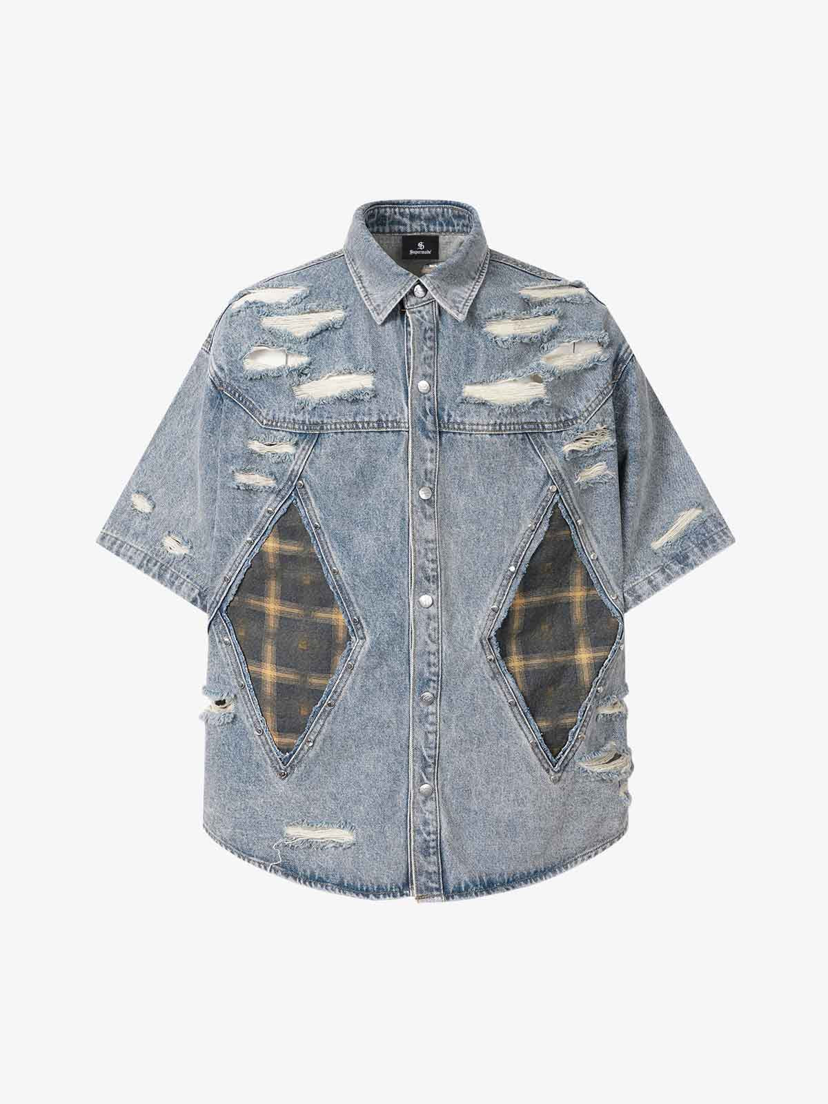 Retro Washed Plaid-Paneled Distressed Denim Set 