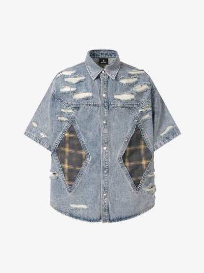 Retro Washed Plaid-Paneled Distressed Denim Set 