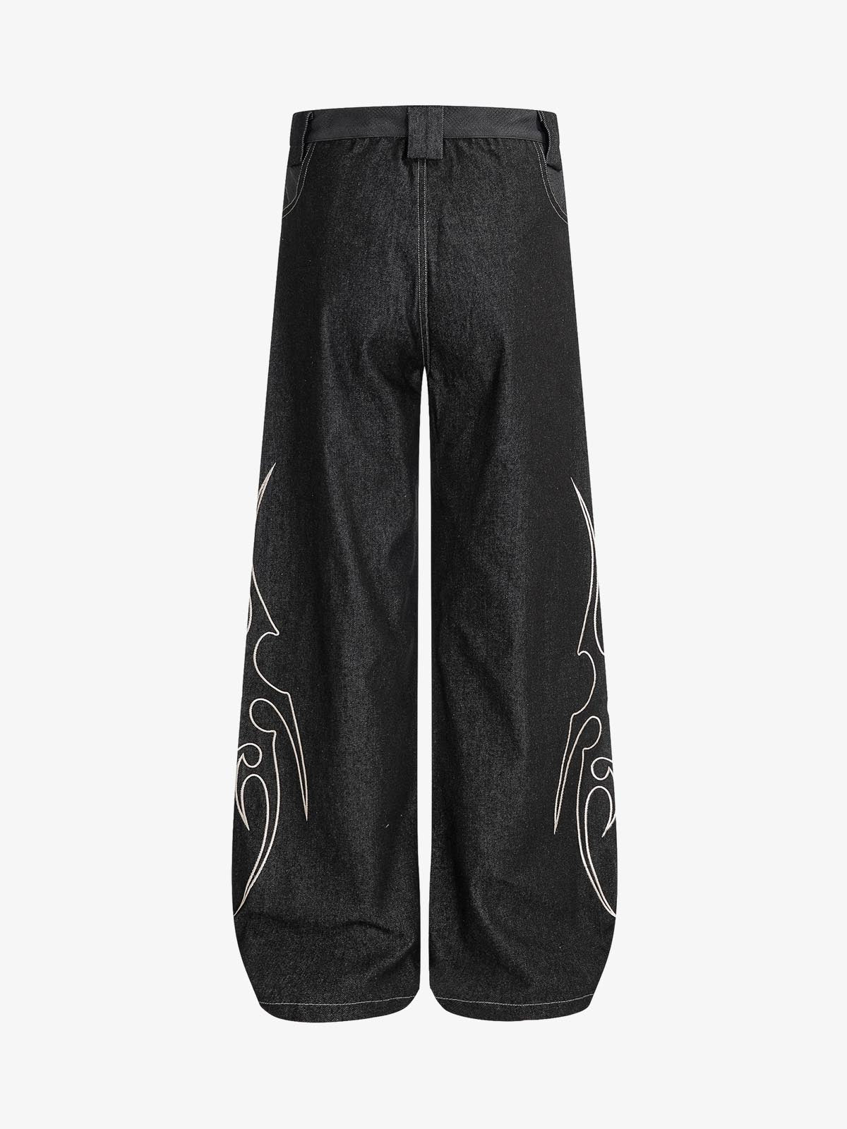 Flame Embroidered Wide Leg Washed Denim Jeans 