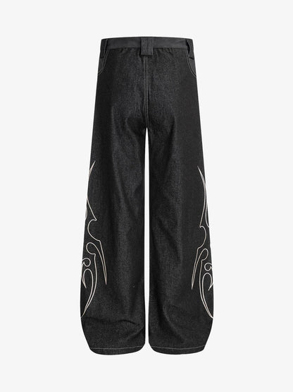 Flame Embroidered Wide Leg Washed Denim Jeans 