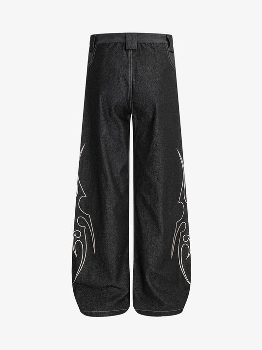 Flame Embroidered Wide Leg Washed Denim Jeans 
