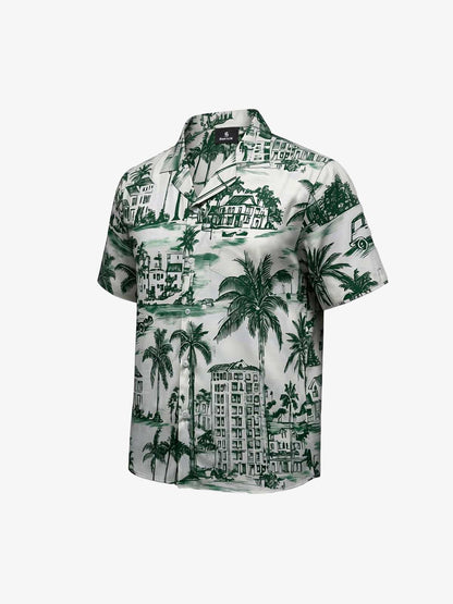Vintage Green Coconut Tree Camp Collar Boxy Shirt 