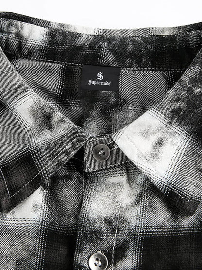 Vintage Wash Plaid Spray Dye Raw Hem Shirt 