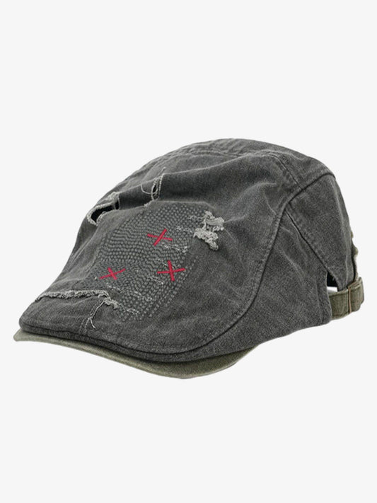 Distressed Patchwork Embroidered Cotton Flat Cap 