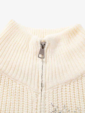 Ink-Splashed Butterfly Jacquard Zip Knit Sweater 