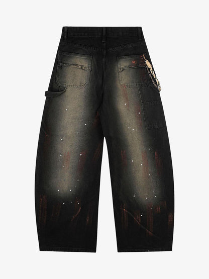 Vintage Inkjet Dirty Dye Washed Scimitar Distressed Jeans 