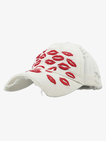 Red Lip Embroidery Distressed Baseball Cap 