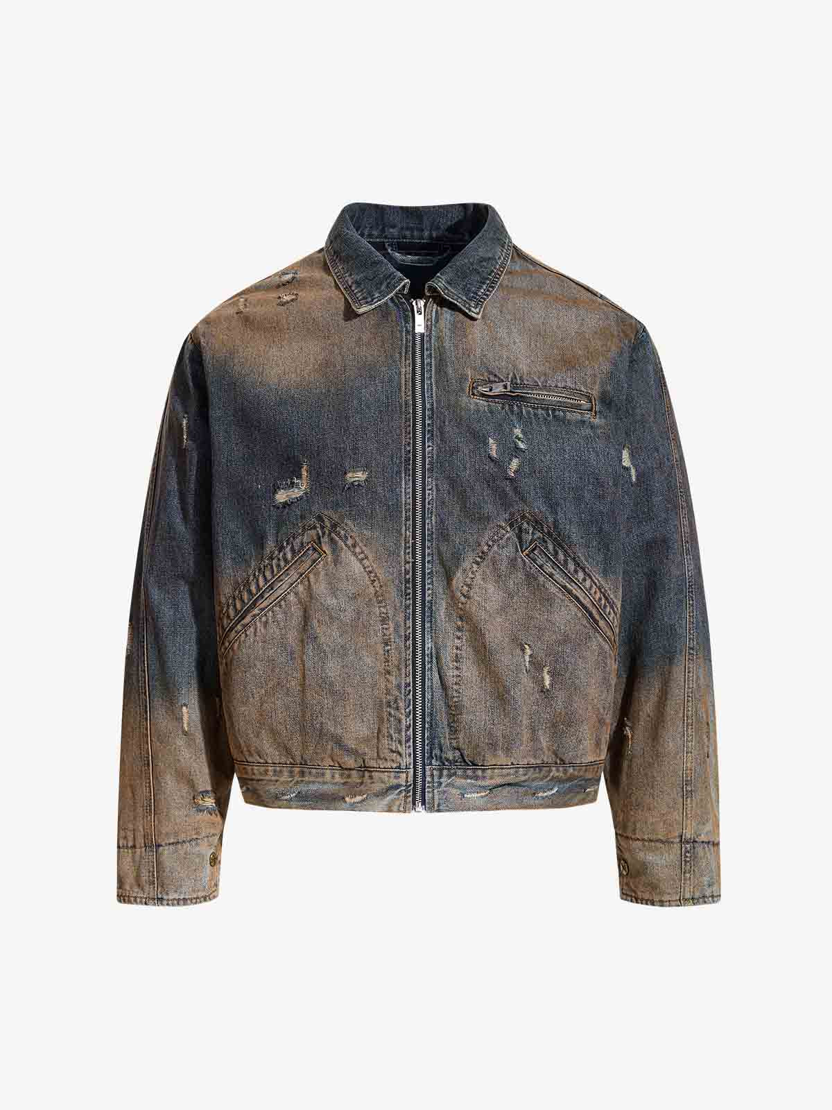 Vintage Washed Distressed Denim Zip Up Jacket 