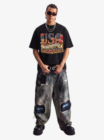 Floral USA Flag Graphic T-Shirt 