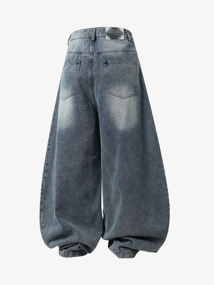 Wrinkle Effect Print Wide Leg Denim Jeans 