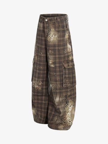 Plaid Leopard Print Cargo Barrel Jeans 