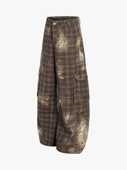 Plaid Leopard Print Cargo Barrel Jeans 