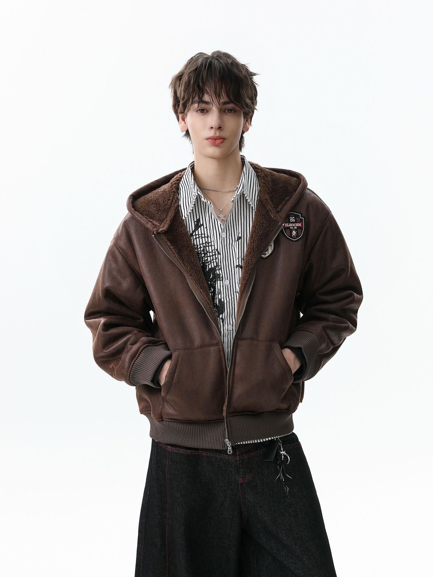 Vintage Leather Badge Fleece-lined Hooded Zip Bomber Jacket - 2547 