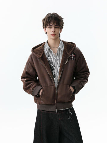 Vintage Leather Badge Fleece-lined Hooded Zip Bomber Jacket - 2547 