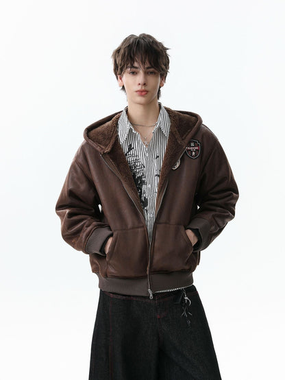 Vintage Leather Badge Fleece-lined Hooded Zip Bomber Jacket - 2547 