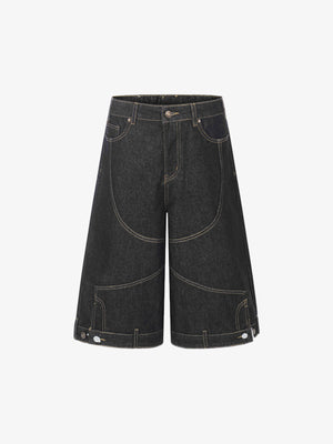 Retro-Denim-Shorts mit Kontrastnähten und geschwungenem Bein