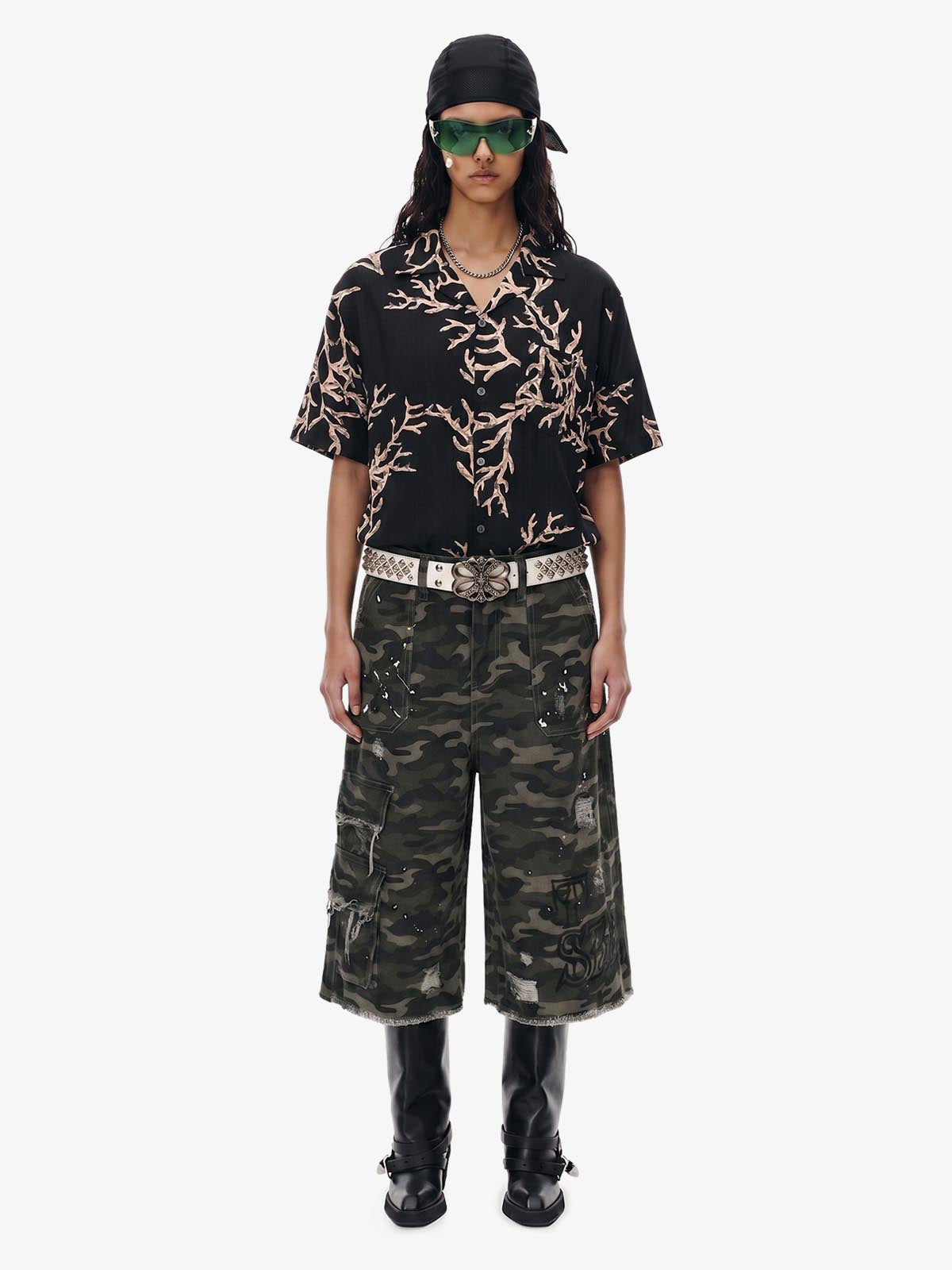 3D Textured Embossed Camp Collar Boxy Shirt 