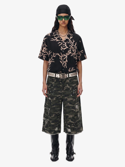 3D Textured Embossed Camp Collar Boxy Shirt 