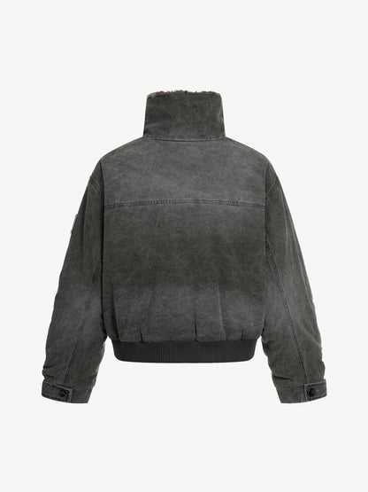 Vintage Distressed Pleated Shearling Collar Fleece Jacket 