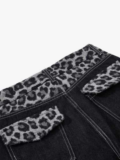 Vintage Leopard Print Waistband Patch Baggy Jeans - 2635 