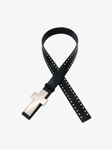 Cross Buckle Studded Black Leather Belt 