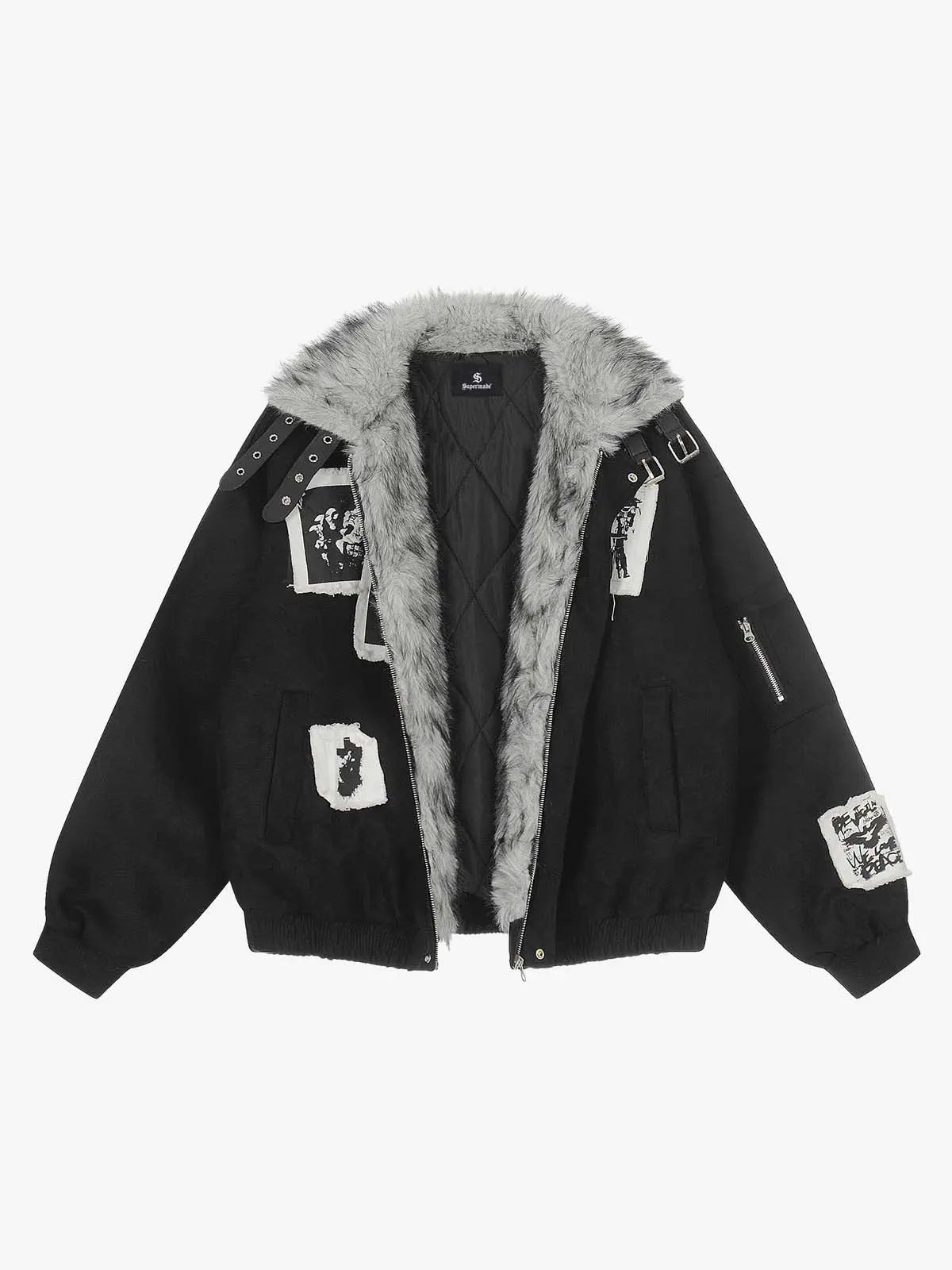 Faux Fur Collar Patchwork Embroidered Quilted Jacket 
