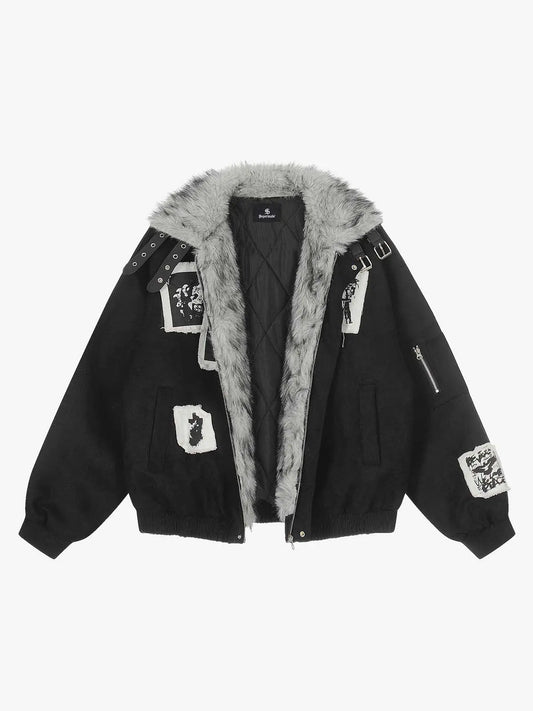 Faux Fur Collar Patchwork Embroidered Quilted Jacket 
