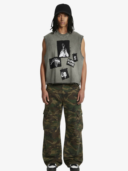 Ripped Graphic Patch Sleeveless Vest - 2632 