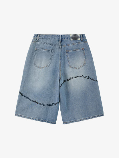 Vintage Barbed Wire Embroidery Distressed Washed Denim Jorts 