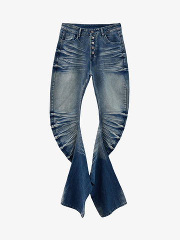 Vintage Distressed Button Fly Ruched Panel Flared Jeans 