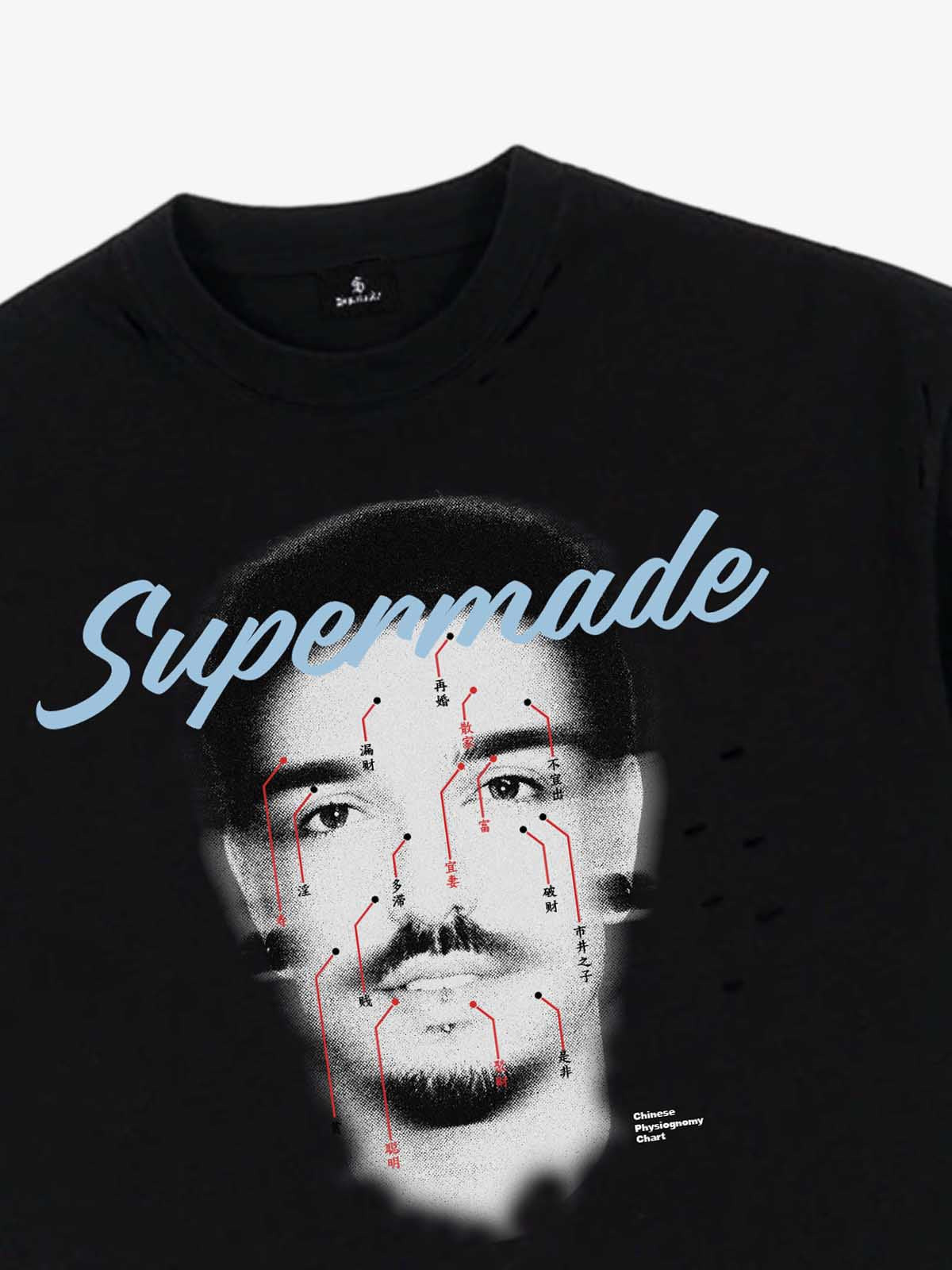 T-Shirt aus Baumwolle im Used-Look mit „Supermade“-Grafikdruck und Design mit Gesichtsakupunktur-Tabelle