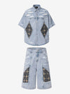 Retro Washed Plaid-Paneled Distressed Denim Set 