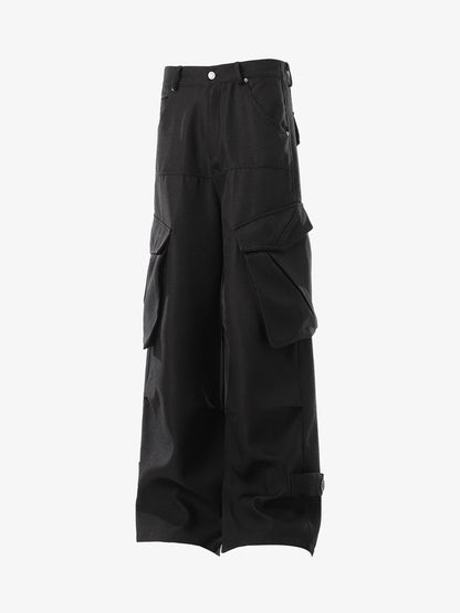 Multi-Pocket Textured Fabric Flared Pants 