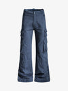 Vintage Washed Multi-Pocket Adjustable Strap Flare Cargo Pants 