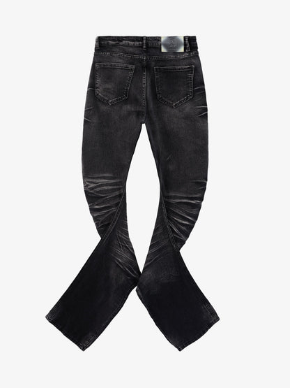 Vintage Distressed Button Fly Ruched Panel Flared Jeans 