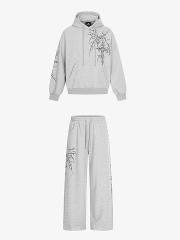 Floral Line Art Studded Pocket Hoodie 
