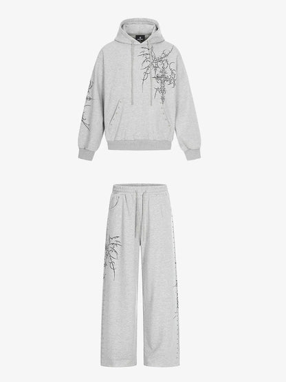 Floral Line Art Studded Pocket Hoodie 