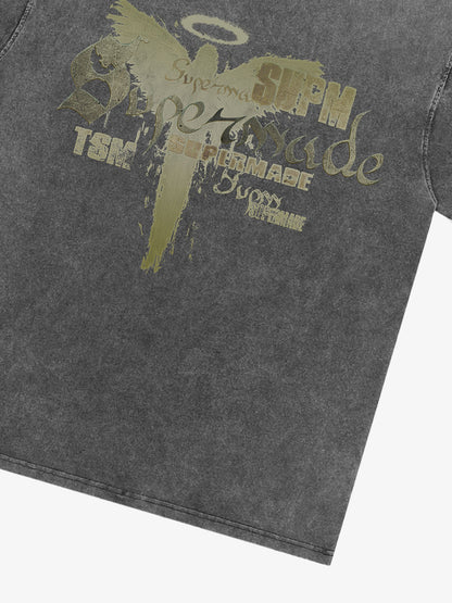 Distressed Washed Gothic Angel Graphic T-Shirt 