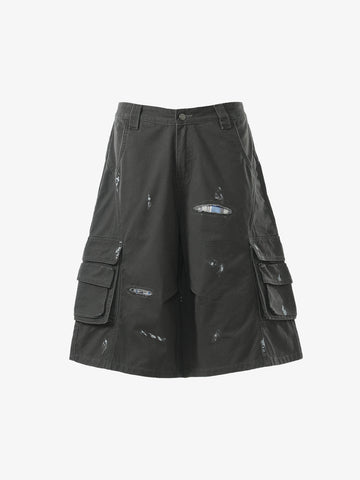 Vintage Distressed Multi Pocket Wide Leg Cargo Shorts 