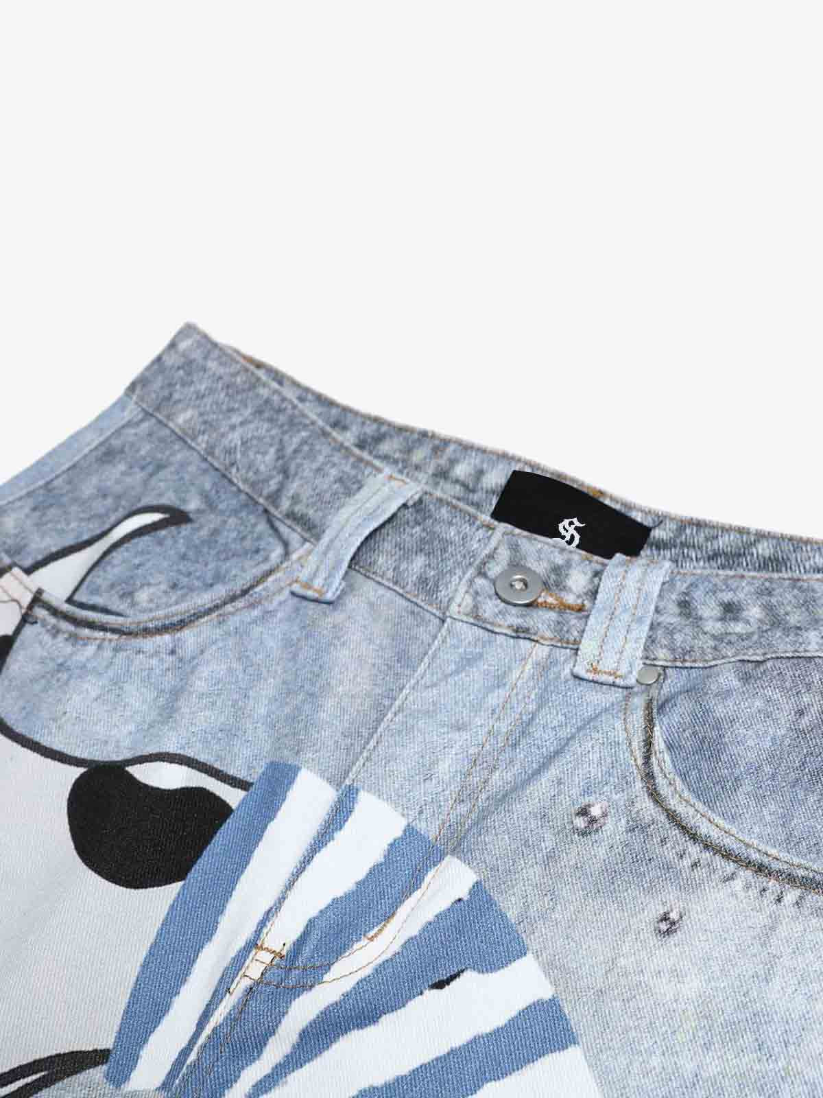 Cartoon Dalmatian Dog Graphic Distressed Washed Jeans 
