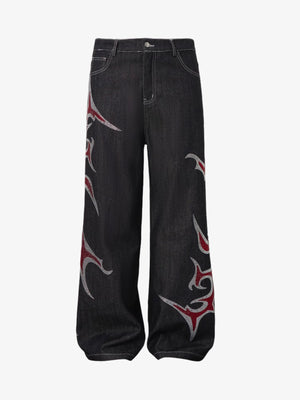 Tribal Rhinestone Graphic Wide Leg Jeans 