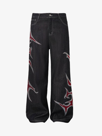 Tribal Rhinestone Graphic Wide Leg Jeans 