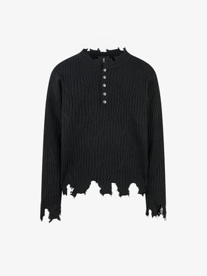 Knitted Distressed Diamond Pattern Raw Edge Sweater 
