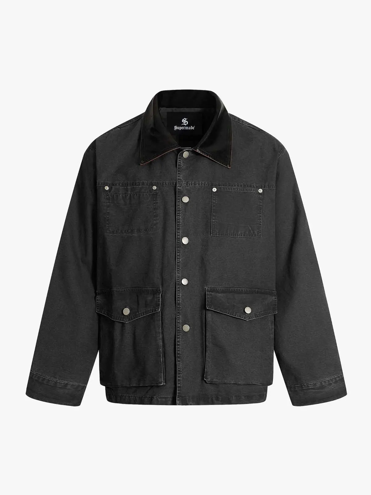 Clean Cut Leather Contrast Collar Pocket Jacket 