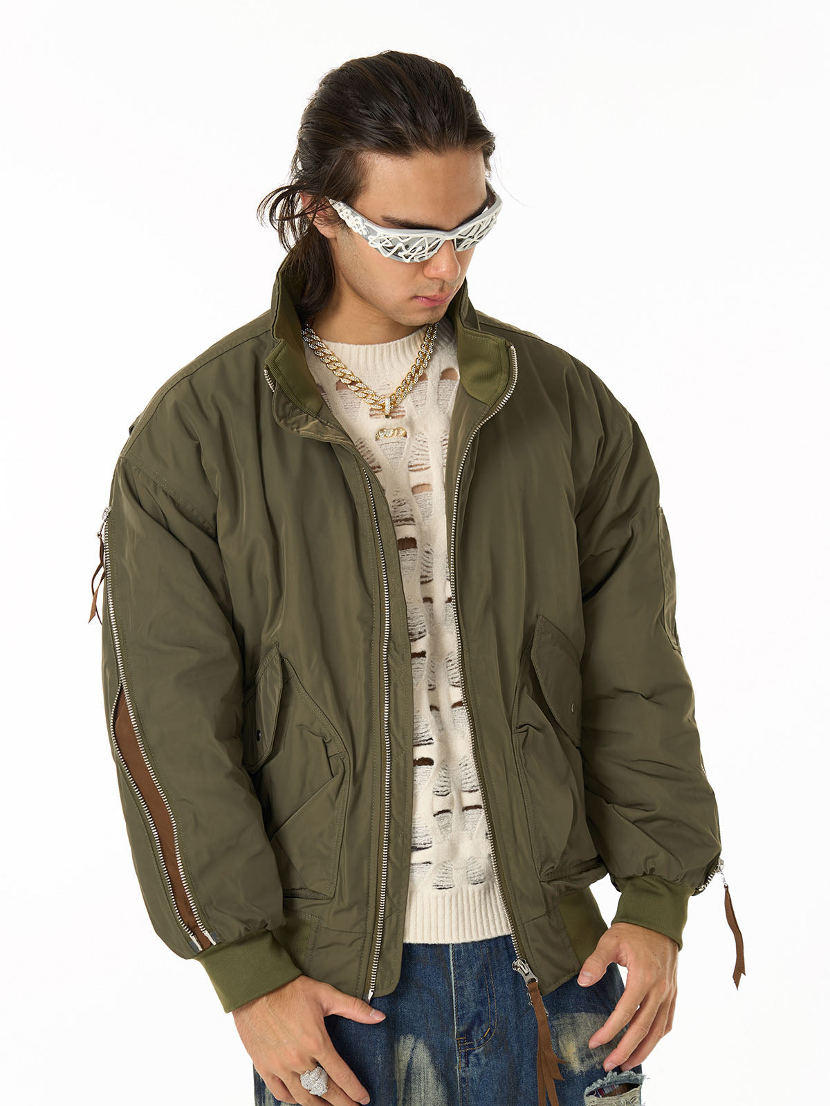 Retro Street Hip-Hop Zipper Design Bomber Jacket 
